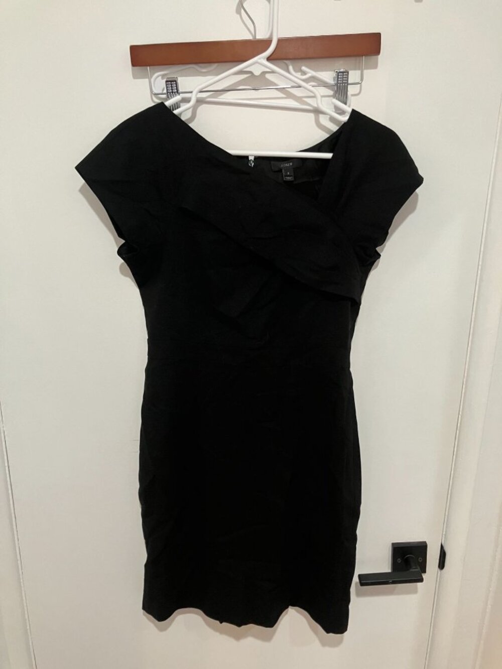 J.Crew Black 100% Wool Asymmetrical Crossover Sheath Dress Cap Sleeve Sz 2